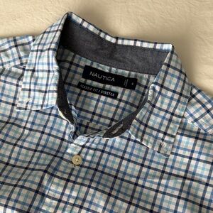 Nautica Men's Light Blue and White Checkered Shirt